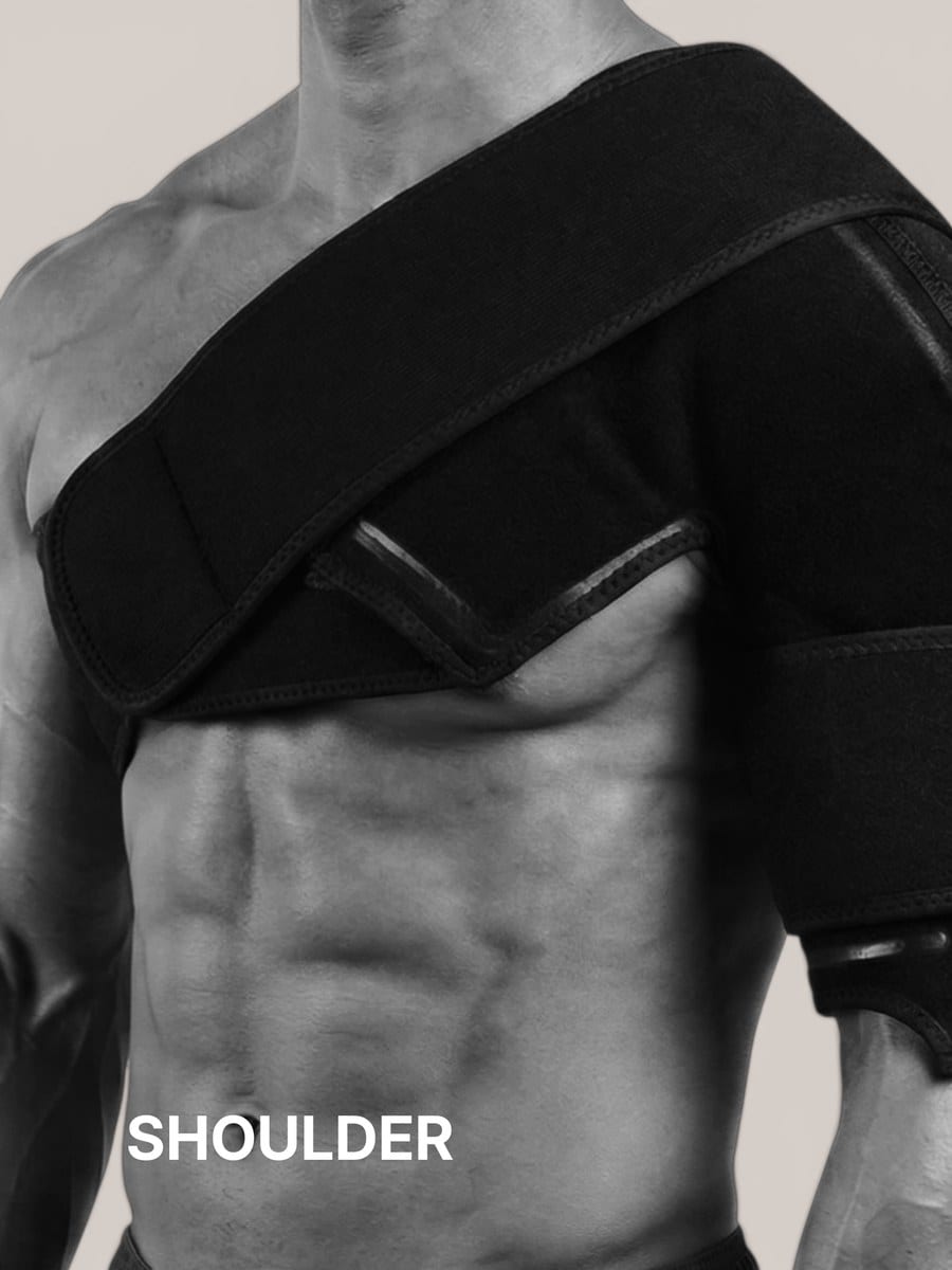 The ice and compression shoulder garment fitted over a shoulder and upper arm